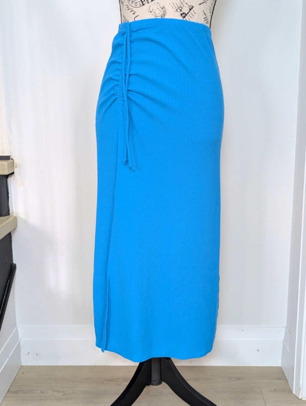 AERIE | Women's Blue Beachwalk Ribbed Ruched Side Tie Midi Skirt